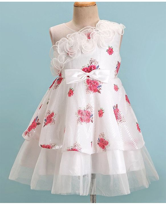 Babyhug One Shoulder Sleeves Fit & Flared Party Frock with Sequin Ruffle & Bow Detailing  Floral Print - White