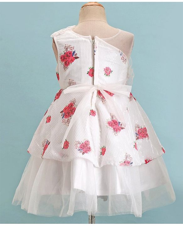 Babyhug One Shoulder Sleeves Fit & Flared Party Frock with Sequin Ruffle & Bow Detailing  Floral Print - White