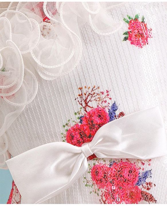 Babyhug One Shoulder Sleeves Fit & Flared Party Frock with Sequin Ruffle & Bow Detailing  Floral Print - White