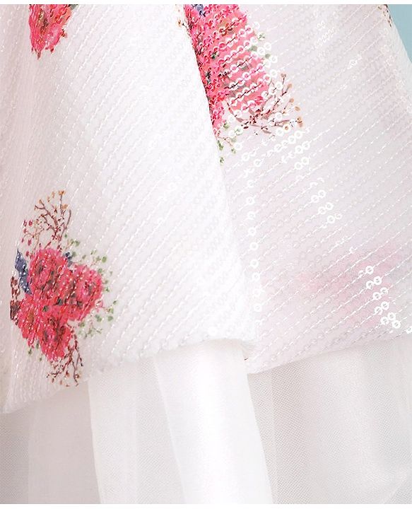 Babyhug One Shoulder Sleeves Fit & Flared Party Frock with Sequin Ruffle & Bow Detailing  Floral Print - White