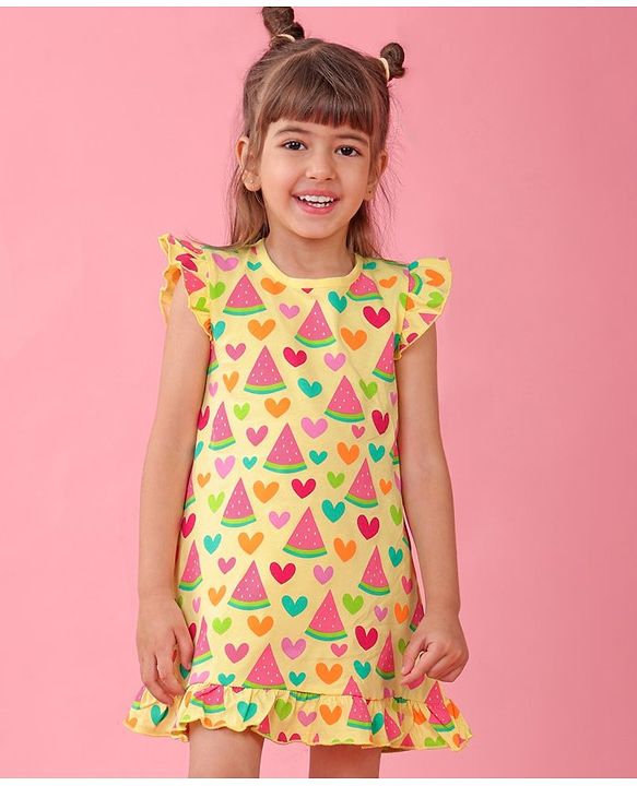 Babyhug Single Jersey Knit Frill Sleeves Nighty Watermelon and Heart Print - Yellow