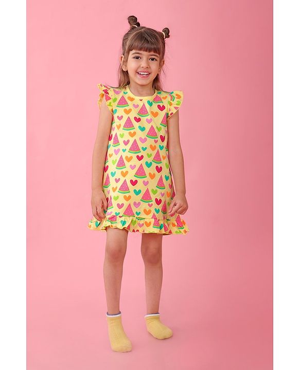 Babyhug Single Jersey Knit Frill Sleeves Nighty Watermelon and Heart Print - Yellow