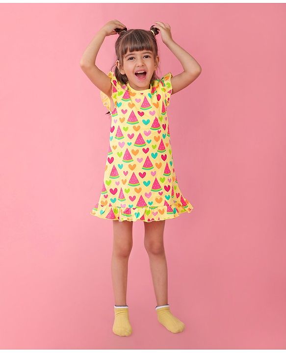 Babyhug Single Jersey Knit Frill Sleeves Nighty Watermelon and Heart Print - Yellow