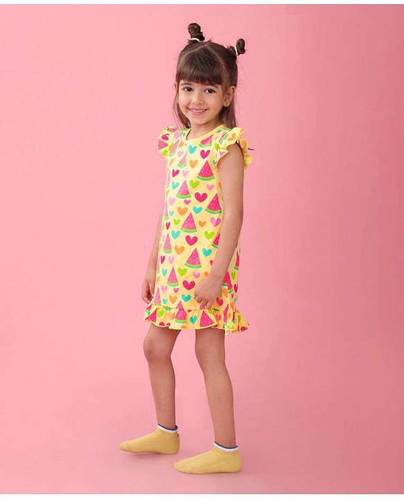 Babyhug Single Jersey Knit Frill Sleeves Nighty Watermelon and Heart Print - Yellow