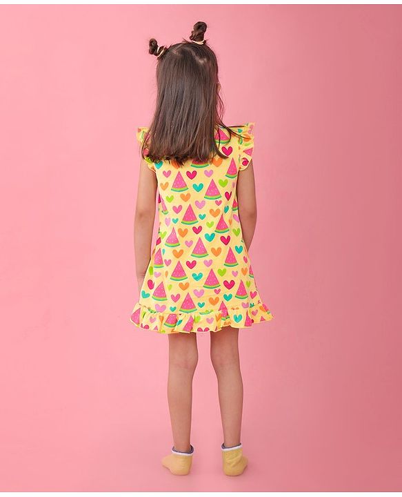 Babyhug Single Jersey Knit Frill Sleeves Nighty Watermelon and Heart Print - Yellow