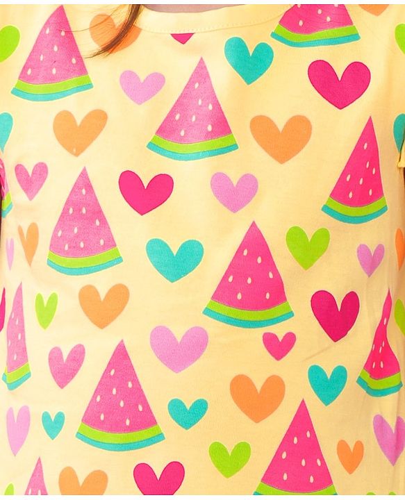 Babyhug Single Jersey Knit Frill Sleeves Nighty Watermelon and Heart Print - Yellow