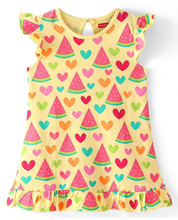 Babyhug Single Jersey Knit Frill Sleeves Nighty Watermelon and Heart Print - Yellow