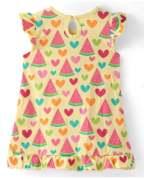 Babyhug Single Jersey Knit Frill Sleeves Nighty Watermelon and Heart Print - Yellow
