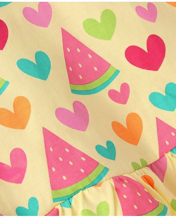 Babyhug Single Jersey Knit Frill Sleeves Nighty Watermelon and Heart Print - Yellow