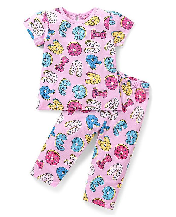 Babyhug SIngle Jersey Knit Half Sleeves Alphabet Printed Night Suit - Pink