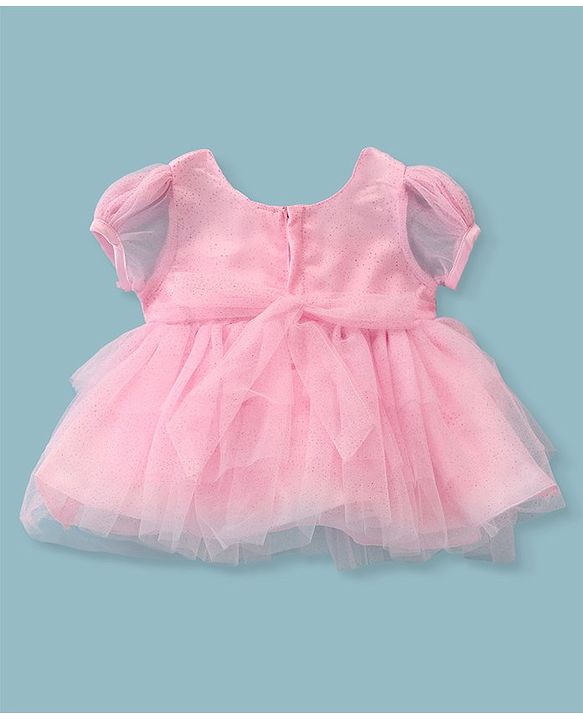 Babyhug Woven Puff Sleeves Shimmered  Frock  With Floral Applique - Pink