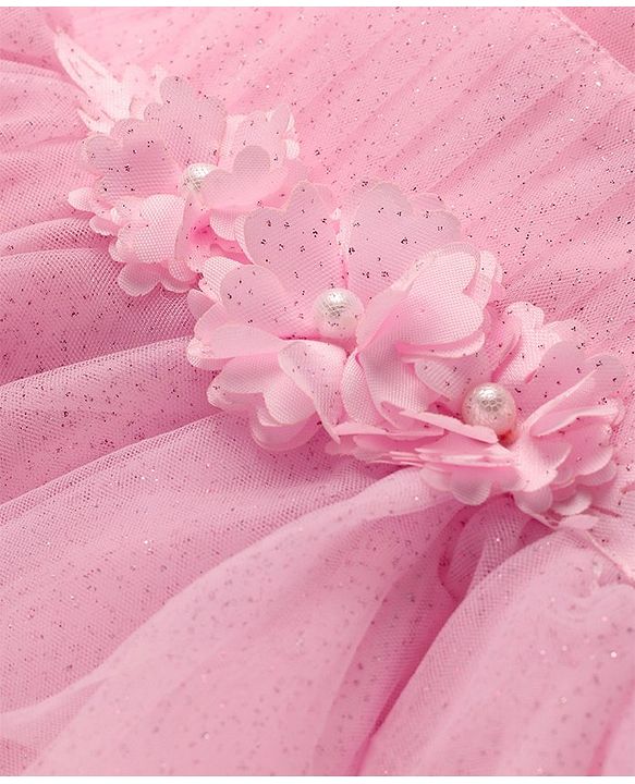 Babyhug Woven Puff Sleeves Shimmered  Frock  With Floral Applique - Pink