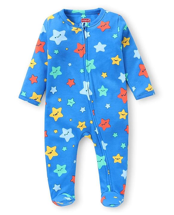 Babyhug Interlock Knit Full Sleeves Sleepsuit with Star Print - Blue