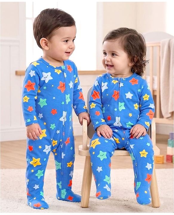 Babyhug Interlock Knit Full Sleeves Sleepsuit with Star Print - Blue
