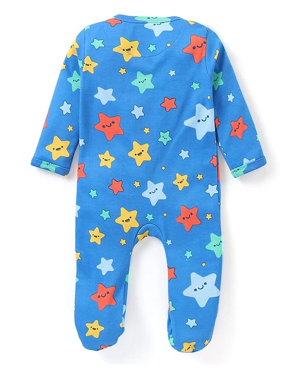 Babyhug Interlock Knit Full Sleeves Sleepsuit with Star Print - Blue