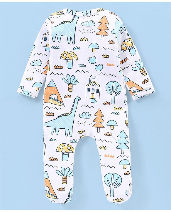 Babyhug Interlock Knit  Full Sleeves Sleep Suit with Tree Print - White