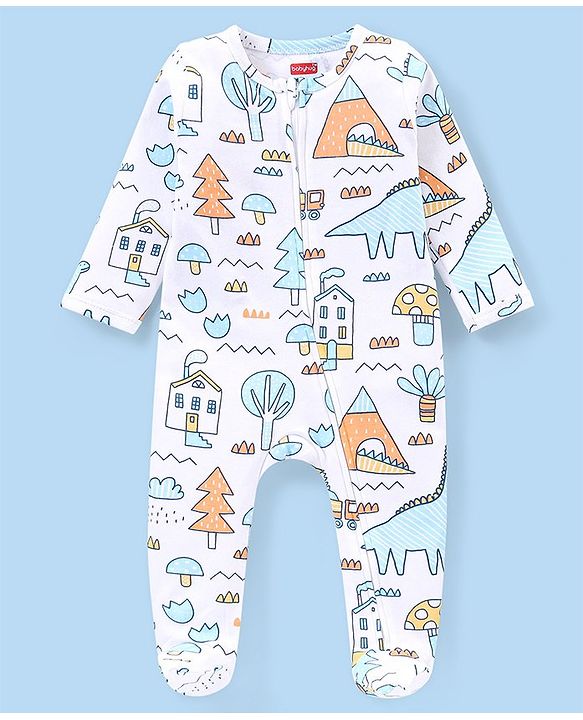 Babyhug Interlock Knit  Full Sleeves Sleep Suit with Tree Print - White
