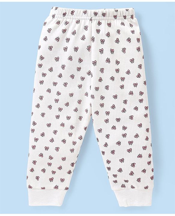 Babyhug Full Sleeves Front Open Thermal Vest And Legging With Bow Print - Off-White