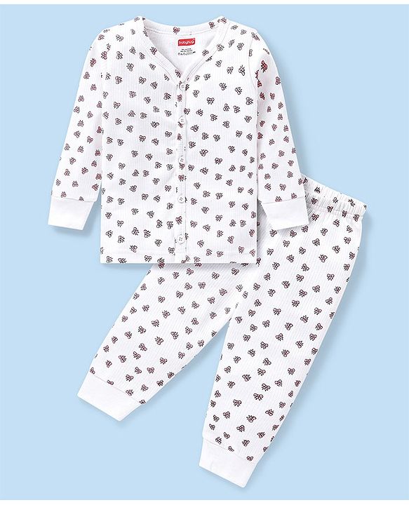 Babyhug Full Sleeves Front Open Thermal Vest And Legging With Bow Print - Off-White