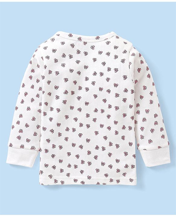 Babyhug Full Sleeves Front Open Thermal Vest And Legging With Bow Print - Off-White