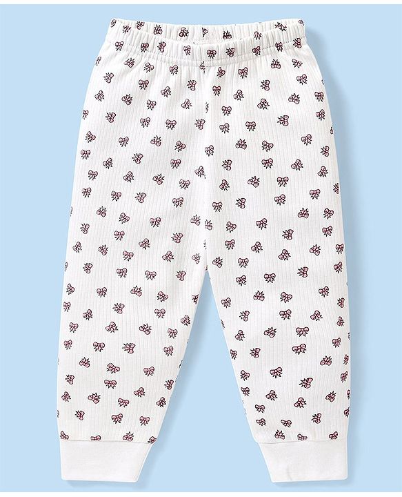 Babyhug Full Sleeves Front Open Thermal Vest And Legging With Bow Print - Off-White