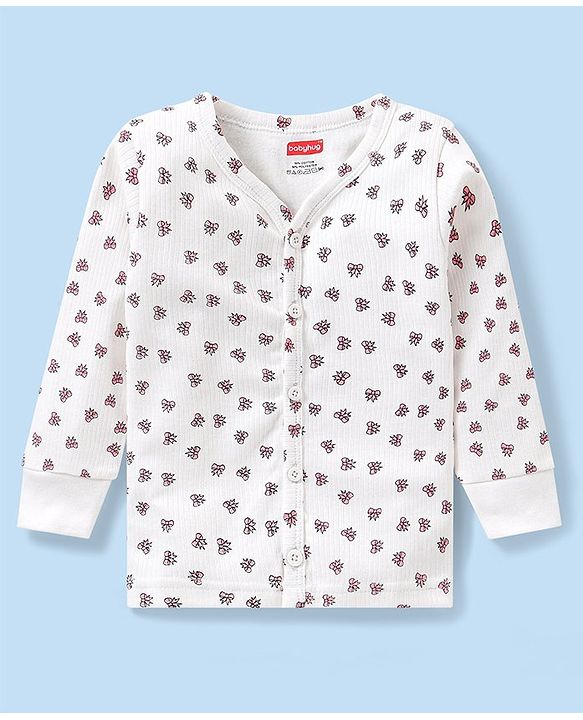 Babyhug Full Sleeves Front Open Thermal Vest And Legging With Bow Print - Off-White