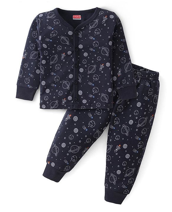 Babyhug Full Sleeves Front Open Thermal Vest & Pant With Space Theme Print - Navy Blue