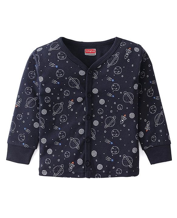 Babyhug Full Sleeves Front Open Thermal Vest & Pant With Space Theme Print - Navy Blue