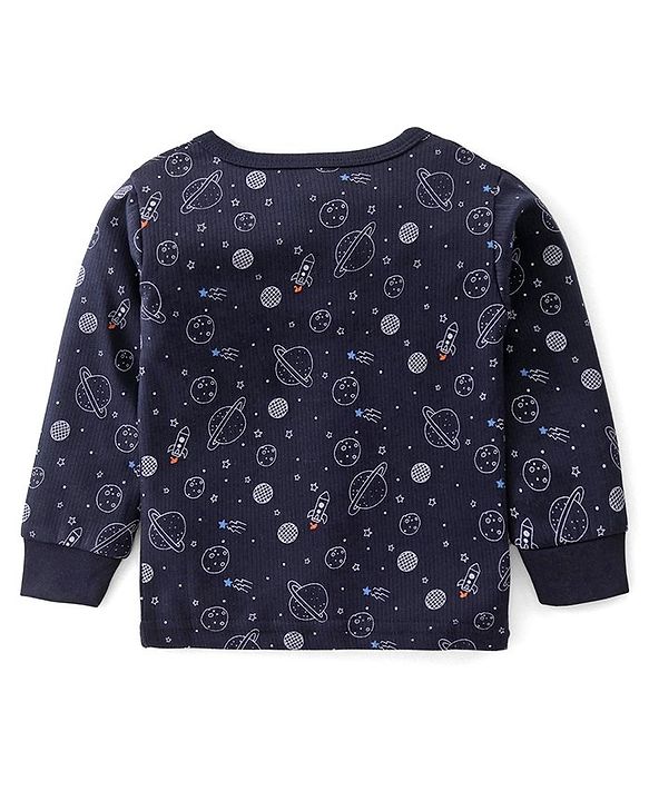 Babyhug Full Sleeves Front Open Thermal Vest & Pant With Space Theme Print - Navy Blue