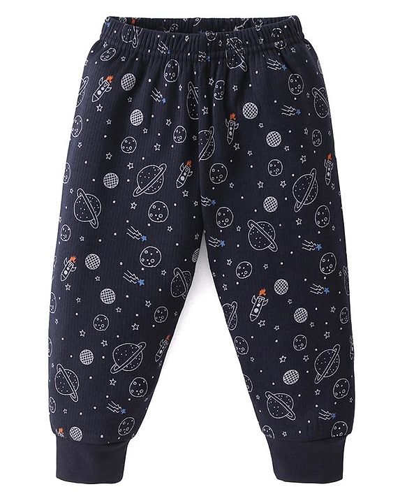 Babyhug Full Sleeves Front Open Thermal Vest & Pant With Space Theme Print - Navy Blue