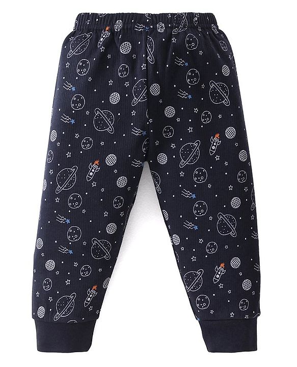 Babyhug Full Sleeves Front Open Thermal Vest & Pant With Space Theme Print - Navy Blue