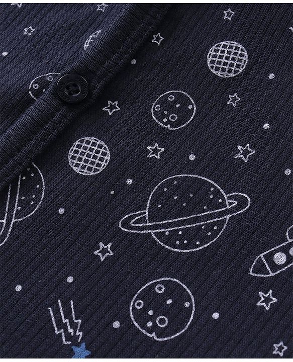 Babyhug Full Sleeves Front Open Thermal Vest & Pant With Space Theme Print - Navy Blue