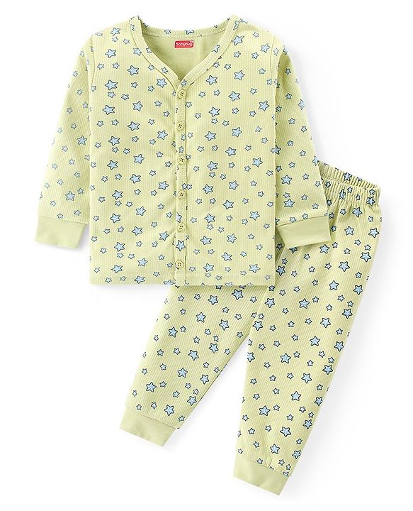 Babyhug Front Open Full Sleeve Vest and Legging Thermal Wear Star Printed Combo Set -Lime Green
