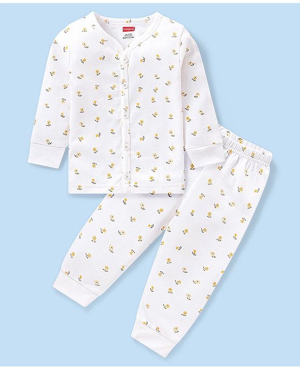 Babyhug Full Sleeves Front Open Thermal Vest And Legging With Floral Print - Off-White