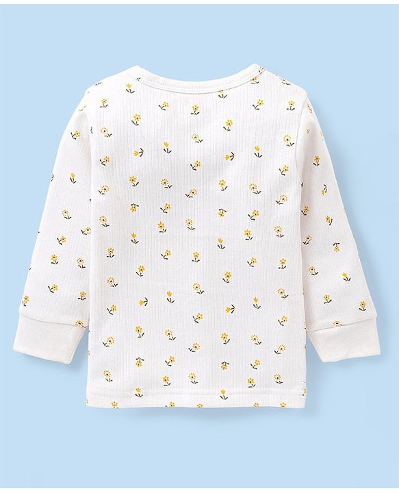Babyhug Full Sleeves Front Open Thermal Vest And Legging With Floral Print - Off-White