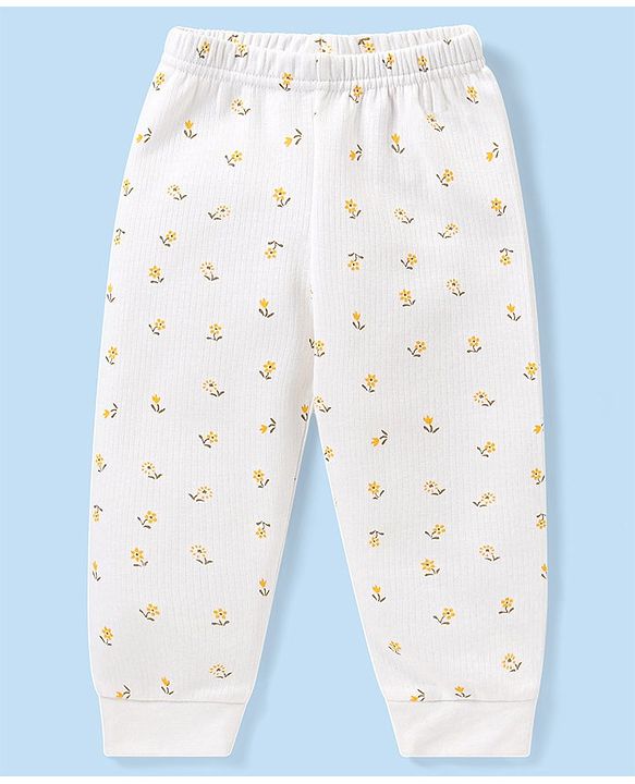 Babyhug Full Sleeves Front Open Thermal Vest And Legging With Floral Print - Off-White