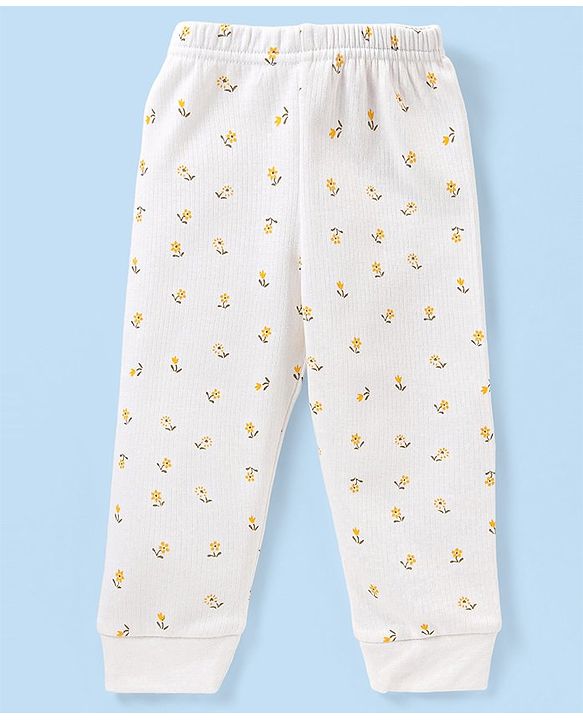 Babyhug Full Sleeves Front Open Thermal Vest And Legging With Floral Print - Off-White