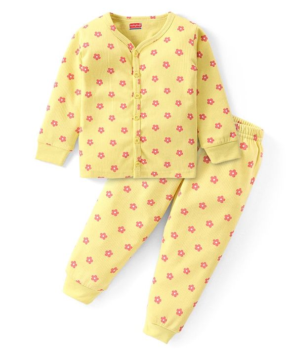 Babyhug Full Sleeves Front Open Thermal Vest and Pant Set Floral Print - Lime Yellow