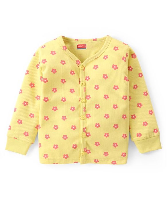 Babyhug Full Sleeves Front Open Thermal Vest and Pant Set Floral Print - Lime Yellow