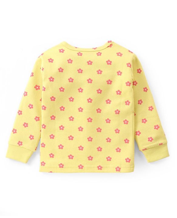 Babyhug Full Sleeves Front Open Thermal Vest and Pant Set Floral Print - Lime Yellow