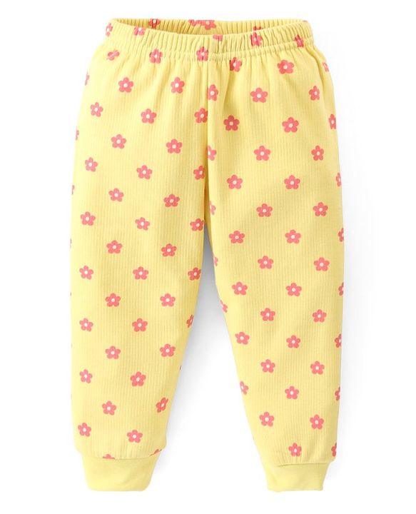 Babyhug Full Sleeves Front Open Thermal Vest and Pant Set Floral Print - Lime Yellow