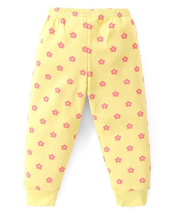 Babyhug Full Sleeves Front Open Thermal Vest and Pant Set Floral Print - Lime Yellow