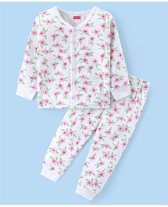Babyhug Front Open Full Sleeve Vest and Legging Thermal Wear Floral Printed Combo Set -Off White