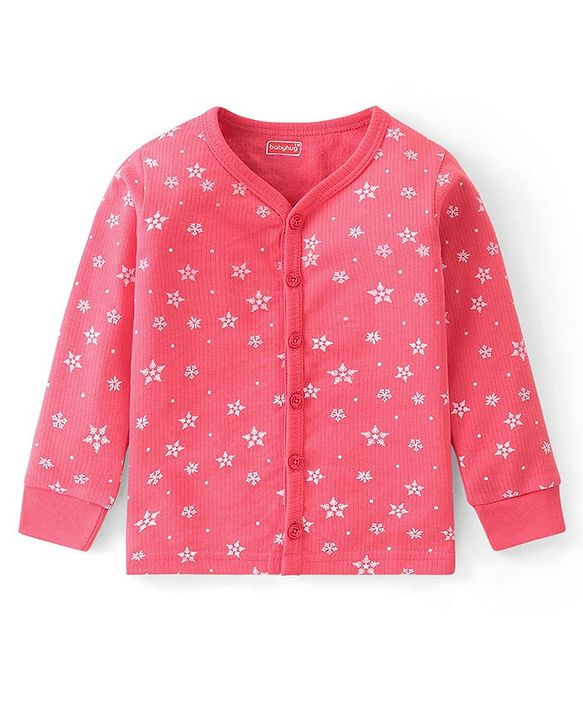 Babyhug Front Open Full Sleeves Top & Bottom Thermal Wear Combo Set Snowflake Print - Pink