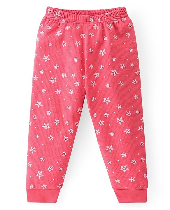 Babyhug Front Open Full Sleeves Top & Bottom Thermal Wear Combo Set Snowflake Print - Pink