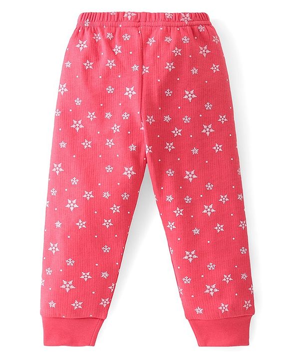 Babyhug Front Open Full Sleeves Top & Bottom Thermal Wear Combo Set Snowflake Print - Pink