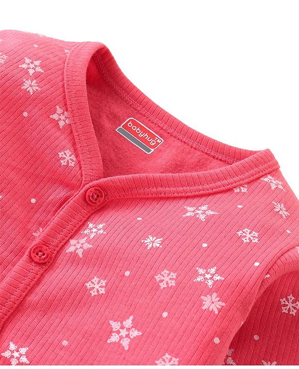 Babyhug Front Open Full Sleeves Top & Bottom Thermal Wear Combo Set Snowflake Print - Pink