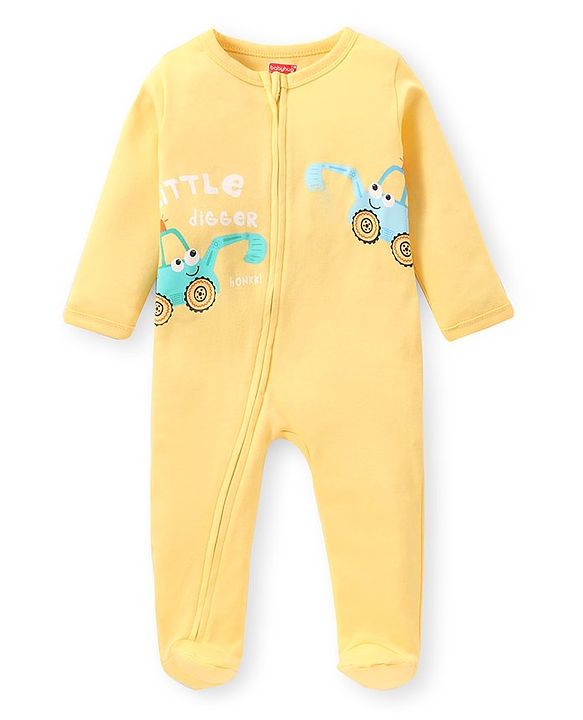 Babyhug Interlock Knit Full Sleeves Sleepsuit with JCB Print - Yellow