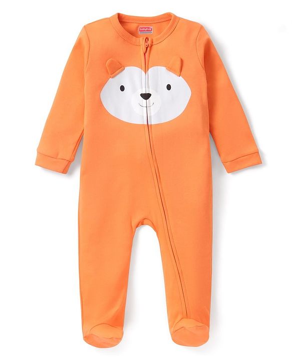 Babyhug Interlock Full Sleeves Sleepsuit Bear Face Print with Pop Up Ears - Orange