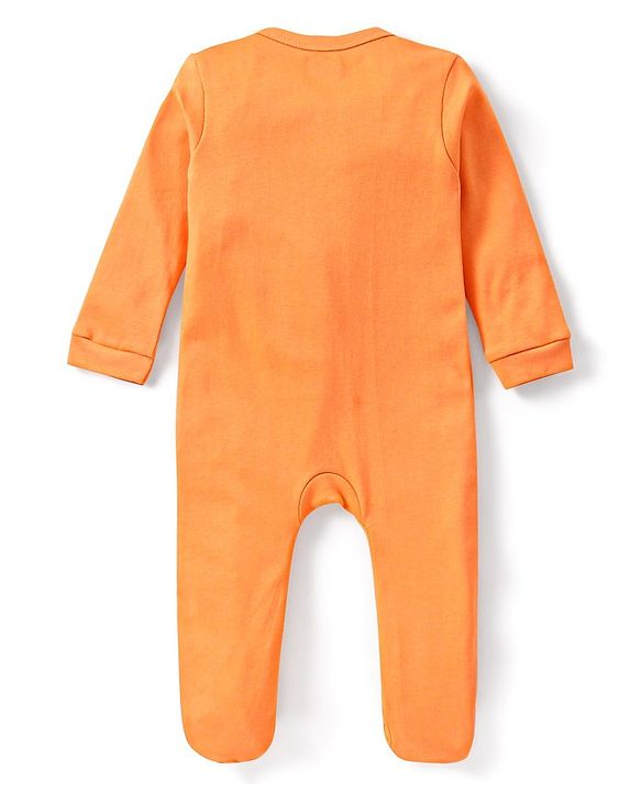Babyhug Interlock Full Sleeves Sleepsuit Bear Face Print with Pop Up Ears - Orange